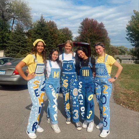 Homecoming Jeans Blue And Gold, Grad Coveralls Ideas, Painted Overalls Senior Year, Blue And Gold Senior Jeans, Senior Overalls Shorts, Black And Gold Senior Jeans, School Overalls Spirit, Senior Jeans Blue And Gold, Senior Year Overall Ideas