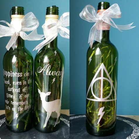 My Harry Potter inspired bottle lights. Available to order in my Etsy shop or Facebook page Harry Potter Wine Bottles, Harry Potter Bottle Art, Harry Potter Bottle, Heather Wedding, Harry Potter Potions, Harry Potter Decor, Harry Potter Theme, Glass Bottle Crafts, Wine Bottle Decor