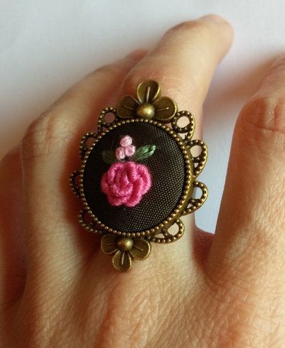 Rose Ring Flower embroidered ring Fabric ring Unique gifts for her Rose Ring Flower, Embroidered Ring, Fabric Ring, Pink Flower Bouquet, Beaded Banners, Cocktail Dress Wedding, Ring Flower, Doll Jewelry, Ring Hand