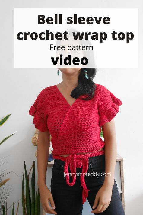 Easy crochet bell sleeve wrap top with step by step video tutorial on jennyandteddy crochet blog made with cotton dk weight yarn. Bell Sleeve Crochet Top, Crochet Wrap Top Pattern, Bell Sleeve Wrap Top, Crochet Wrap Top, Wrap Top Pattern, Diy Crochet Cardigan, Sleeve Crochet Top, Crochet Cal, Crochet Bell