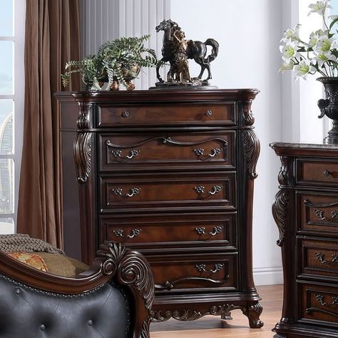 Furniture of America Eugene Traditional Solid Wood Chest with Felt-lined Top Drawer and Cedarwood-lined Drawers - Bed Bath & Beyond - 40899252 Traditional Chest, Elegant Bedroom Decor, Furniture Design Wooden, 5 Drawer Chest, Wood Chest, Elegant Bedroom, Bedroom Furniture Dresser, Dressers And Chests, Furniture Of America