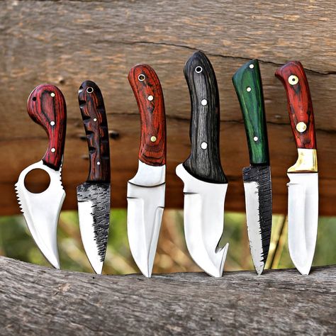 Custom Handmade Unique Set/Lot of 6 Different Knives with leather sheath - Best Gift For Him / Her These can serve purpose as hunting knives, skinners and as chef knives set too. Different designs and materials made this set a unique gift for your loved ones. Blade Material: All knives are made of Carbon Steel Handle Material: All knives have wooden handle Note: Package contains 6 knives same as shown in pictures. These superb design knives are hand forged and comes in belt supportive lea... Kitchen Knives Handmade, Tool Knives, Tool Blade, Kitchen Utility, Knife Gifts, Chef Knives, Best Gifts For Him, Handmade Kitchen, Chef Knife Set