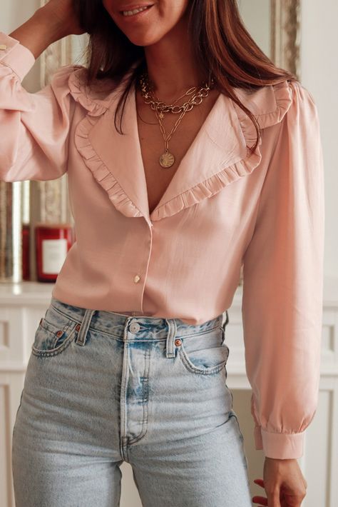 $10.09 Pink Frilled Lapel Collar Button-Up Puff Sleeve Shirt Wholesale Lisa Fischer, Puff Sleeve Shirt, Wholesale Shirts, Puff Sleeve Blouse, Pink Blouse, Office Outfits, Stylish Shirts, Lapel Collar, Stretchy Fabric