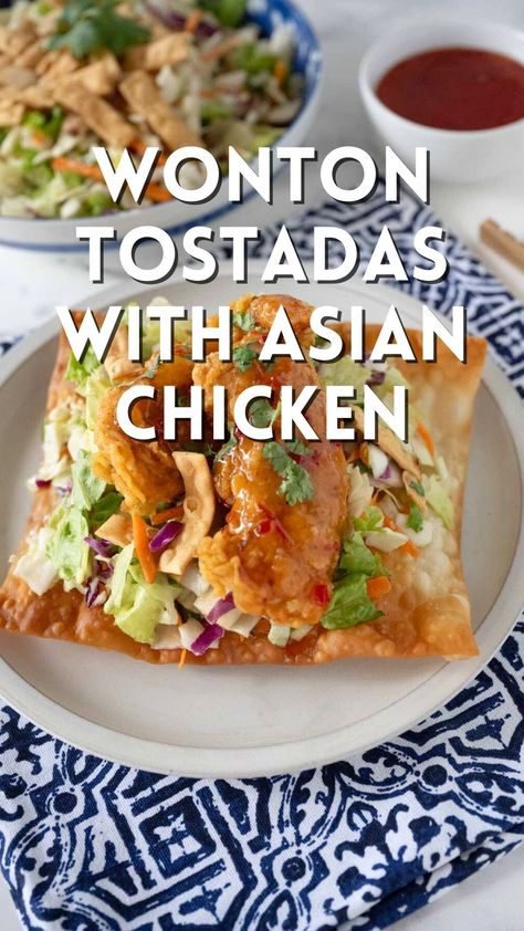 Wonton Tostadas with Asian Chicken is a tostada made from wonton and stuffed with a crispy fresh Asian salad and glazed chicken tenders. Asian meets Mexican in a delightful flavor fusion that is fun and family friendly, and made quick and easy! Asian Wonton Tacos, Fun Easy Dinner Ideas For Family, Asian Fusion Tacos, Fusion Dinner Recipes, Recipes With Fresh Ingredients, Asian Inspired Food, Appetizers For Dinner Main Dishes, Mexican Asian Fusion Food, Asian Mexican Fusion Recipes