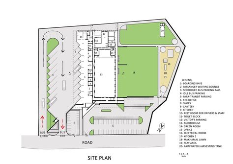 Gallery of Valpoi Busstand and Community Hall / Rahul Deshpande and Associates - 20 Bus Parking Design Plan, Parking Plan, Parking Lot Architecture, Agriculture Design, Site Plan Design, Site Analysis Architecture, Terminal Bus, Community Hall, Parking Building