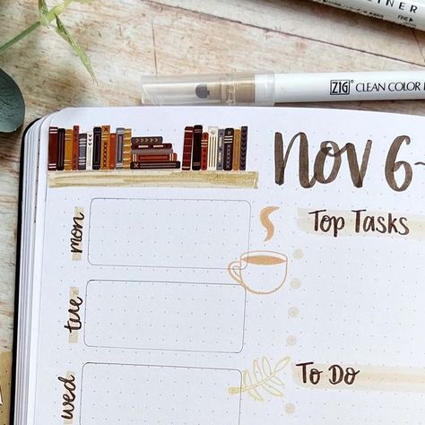 Alex | Bullet Journal Ideas & Stationery Love on Instagram: "⇢ This week in my Bullet Journal For once I have managed to set up the whole of November already (first time ever!). This past week was a simpler setup though using a weekly stencil from @oopsadaisyuk. Accessories are from @archerandolive - I cut round the books on the washi to make it look even more like a shelf! Also loved how the coffee & books stamps made this month faster to set up. ~🏷 [Discount codes in bio] [📖] @archerandolive B5 • ongoing sponsor [ 🅂 ] @oopsadaisyuk stencil [✍🏻] Pens @zebrapen_uk mildliners and calliograph [➿] Washi @archerandolive sub box [🖇] Stamps @archerandolive books and coffee #bujocommunity #bujoinspo #bujoinspire #bujoinspiration #bujonewbie #bujobeginner #bujojunkie #bujoaddict #bujo Monthly Journal Spread, Cozy Bullet Journal Theme, Coffee Bullet Journal Theme, Coffee Theme Bullet Journal, Coffee Bullet Journal, Note Styles, Bullet Journal Boxes, Bullet Journal Week, Bullet Journal Decoration