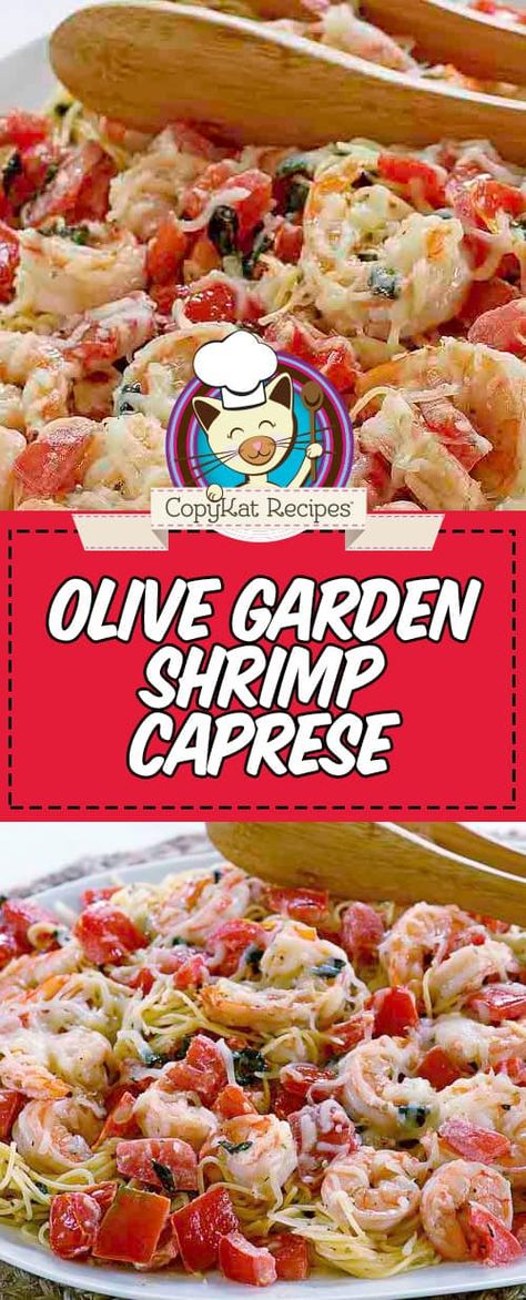 Copycat Olive Garden Shrimp Caprese is the perfect light pasta dinner. Made with fresh shrimp, tomatoes, mozzarella, and basil, this is the perfect light dinner you are going to love. #olivegarden #pasta #shrimppasta #seafoodpasta Shrimp Caprese Pasta, Light Pasta Dinner, Shrimp Caprese, Recipe With Fresh Tomatoes, Spiralized Recipes, Pasta Shrimp, Restaurant Recipes Famous, Copycat Olive Garden, Creamy Shrimp Pasta