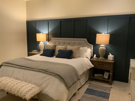 Navy Board And Batten Wall Bedroom, Half Wall Board And Batten Bedroom, Navy Bedding, Arizona House, Navy Walls, Board And Batten Wall, Headboard Wall, Beige Bed, Guest Room Decor