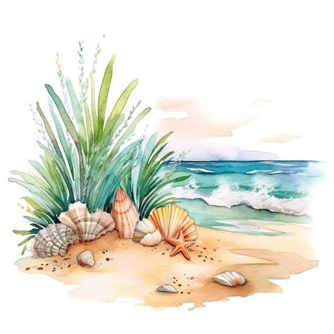 Decoupage Bathroom, Beach Watercolor Paintings, Beach Clip Art, Beach Embroidery, Art Plage, Beach Clipart, Summer Watercolor, Watercolor Beach, Canvas Art Projects