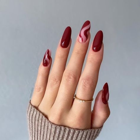 Red Style Nails, Maroon Swirl Nails, Minimalist Design Nails, Crimson Nail Designs, Maroon Nail Designs Burgundy, Nails Two Colors, Maroon Red Nails, Red Nails Art Designs, Nails Red Ideas