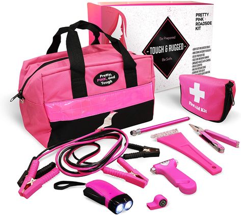 Amazon.com: Gears Out Pretty Pink Roadside Kit - Pink Emergency kit for Teen Girls and Women - Lightweight, Soft-Sided Carry Bag with Pink Jumper Cables, First aid kit, and Pink Tools, 5 Year Warranty: Automotive Roadside Emergency Kit, Pink Car Accessories, Pink Tools, New Car Accessories, Car Emergency Kit, Outfits Primavera, Girly Car Accessories, Pink Truck, Car Accessories For Girls