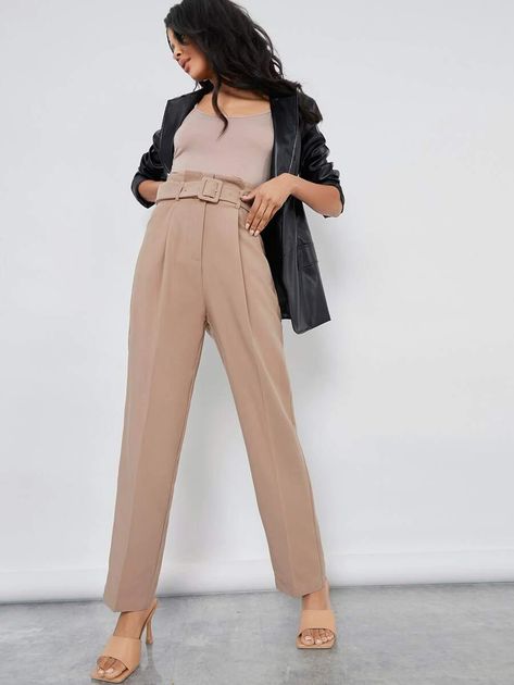 Paperbag Waist Fold Pleated Front Self Buckle Belted Tailored Pants | SHEIN USA Pegged Pants, Tailored Pants Women, Pleat Pants, Shein Basics, Peg Pants, Work Fits, Women Pants, Pleated Pants, Tailored Pants