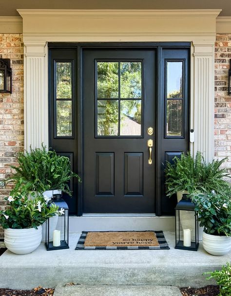 Front Door Transformation, Sophisticated Farmhouse, Black Exterior Doors, Black Front Door, Front Door Inspiration, Traditional Front Doors, Front Door Styles, Front Door Makeover, Black Front Doors