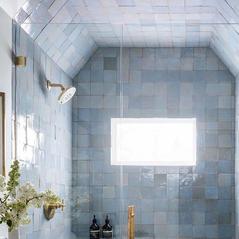 Rejuvenation on Instagram: "Scroll through for on-trend shades of blue, enhanced by our favorite warm brass hardware + lighting. Design and photo by @jhldesign #myonepiece" Tile Shower Ceiling, Jhl Design, Designing A Bathroom, Unlacquered Brass Hardware, Handcrafted Tile, Bathroom Remodels, Gorgeous Bathroom, Bathroom Goals, Zellige Tile