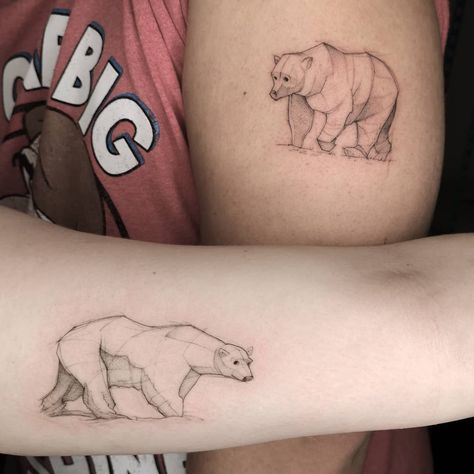 Sergio Muñoz Cañete on Instagram: “Did these super cool matching (not really matching but you know what I mean, LET ME TALK!) bears on an equally super cool couple 👌  Done at…” Bear Couple Tattoo Ideas, Matching Bear Tattoos Couples, Bear Sibling Tattoo, Bears Hugging Tattoo, Care Bear Matching Tattoo, Bear Tattoo, Awesome Tattoos, Fun Couple, Super Cool