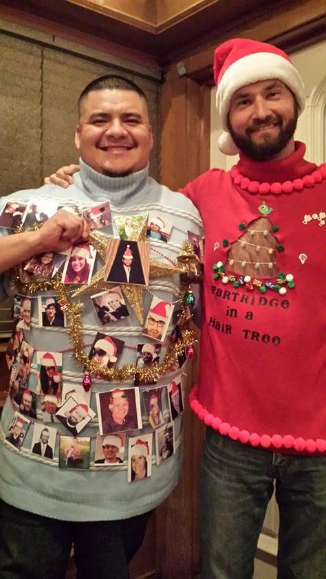 Ugly Christmas Sweater company party. Pictures of all employees faces, and sweater cut out with chest hair -- partridge in a hair tree. Christmas Tacky, Creative Ugly Christmas Sweater, Hair Tree, Homemade Ugly Christmas Sweater, Tacky Christmas Party, Christmas Extravaganza, Ugly Christmas Sweater Contest, Xmas Sweaters, Christmas Sweater Outfits