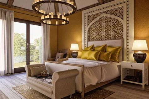 35+ Elegant and Luxury Arabian Bedroom Ideas #bedroom #bedroomdecor #bedroomideas Arabian Bedroom Ideas, Arabian Bedroom, Arabic Interior Design, Mediterranean Bedroom, Mediterranean Home Interior, Moroccan Bedroom, Mediterranean Interior, Moroccan Interiors, Mediterranean Home Decor