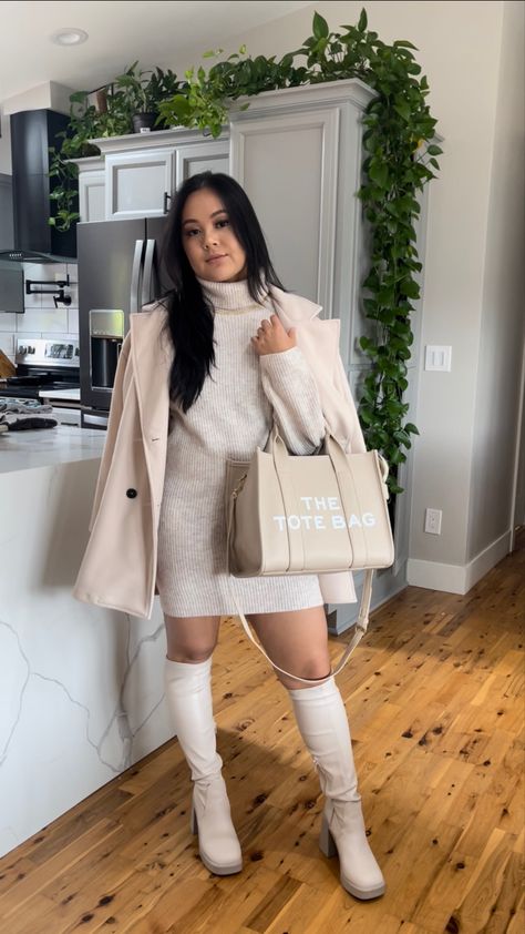 Beige Knee High Boots Outfit, Cream Sweater Dress Outfit, Cream Boots Outfit, Beige Knee High Boots, High Boots Outfit Winter, Beige Boots Outfit, Grown Woman Era, Cream Trench Coat, Cream Sweater Dress