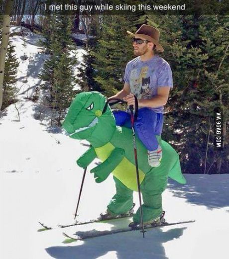 Dinosaur Skis, Skiing, Funny, Green