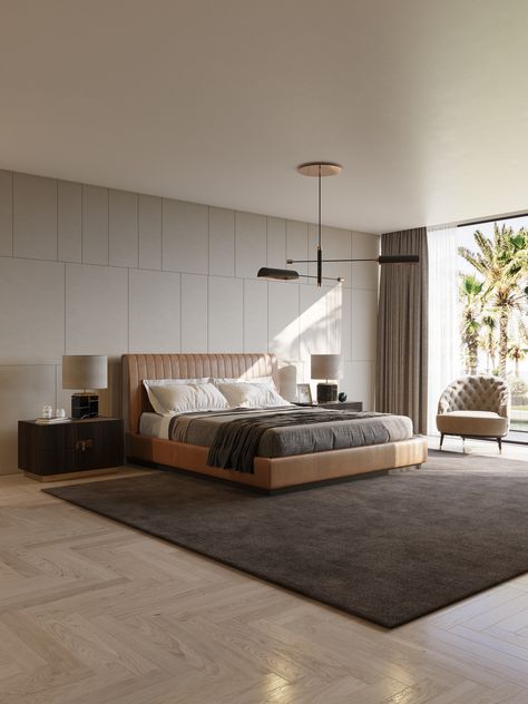 Marble Lighting, Masculine Bedroom Decor, Tattoo Modern, Bloxburg Bedroom, Beige Armchair, Table Beige, Bed Wooden, Contemporary Bedroom Design, Bedroom Contemporary