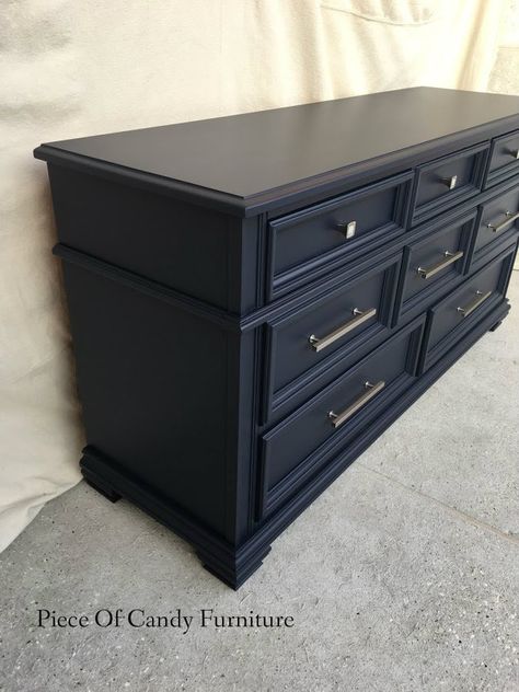 Navy Tall Dresser, Dark Navy Furniture, Navy Dresser With Gold Hardware, Navy Blue Dresser With Gold Hardware, Navy Blue Dresser Bedroom, Navy Blue Dressers Painted, Blue Grey Dresser, Navy Blue Bedroom Furniture, Dark Blue Dresser