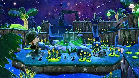 Animal Crossing Night Sky, Animal Crossing Fantasy Theme, Acnh Sci Fi Island, Acnh Alien Island, Animal Crossing Space Theme, Glowing Moss Acnh Ideas, Acnh Spacecore, Acnh Atlantis, Fairy Island