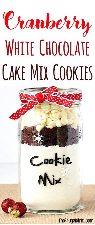 Cranberry White Chocolate Cake Mix Cookies Recipe!  This also makes the easiest Gift in a Jar! ~ from TheFrugalGirls.com ~ These festive cookies are crazy delicious, and the perfect little Mason Jar present!! #recipes #thefrugalgirls Homemade Mason Jar Gifts, Gifts In A Jar, Cranberry White Chocolate, Chocolate Cake Mix Cookies, Mason Jar Cookies, White Chocolate Cake, Cake Mix Cookie Recipes, Frugal Girls, Cake In A Jar