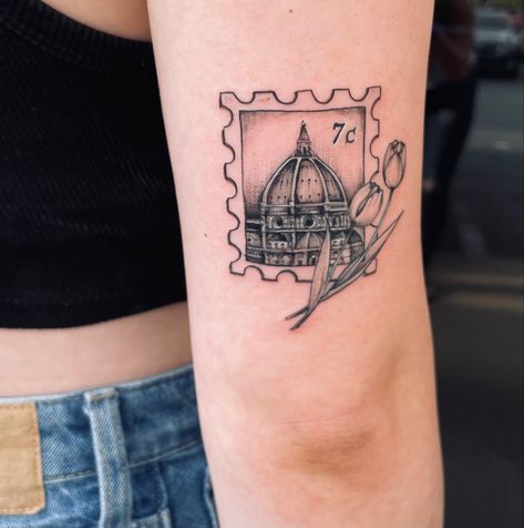 Florence Tattoo Ideas, Florence Tattoo Italy, Florence Stamp Tattoo, Study Abroad Tattoo, Duomo Florence Tattoo, Florence Italy Tattoo, London Inspired Tattoo, Italy Stamp Tattoo, Italy Postage Stamp Tattoo