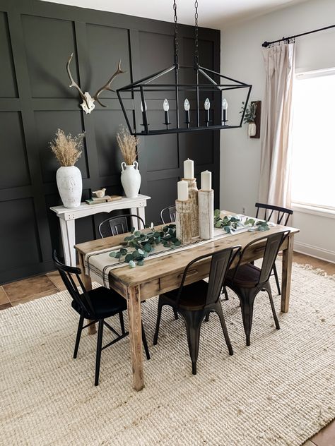 dining room decor | black accent wall | board and batten | vintage dining table | black chairs | jute rug | elk antlers | vases | neutrals | modern lighting | simplicity Dining Room Accent Wall, Серая Кухня, Dining Room Accents, Black Accent Walls, Room Accent Wall, Dining Room Remodel, Dining Room Makeover, Black Dining Room, Dining Room Inspiration