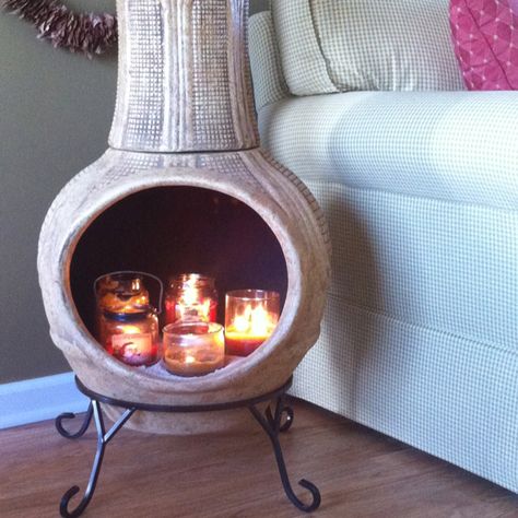 My indoor Chiminea candle holder Double Wide Mobile Homes, Candle Heater, Diy Heater, Mobile Homes For Sale, Patio Furniture Ideas, Ideas Patio, Deck Furniture, Mobile Homes, Small Patio