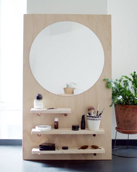 DIY Pine Make Up Vanity | Collective Gen Diy Round Mirror, Minimalist Bathroom Furniture, Mirror Dresser, Beautiful Vanity, Storage Solutions Bedroom, Diy Vanity, Wooden Shelf, Minimalist Bathroom, Diy Bathroom