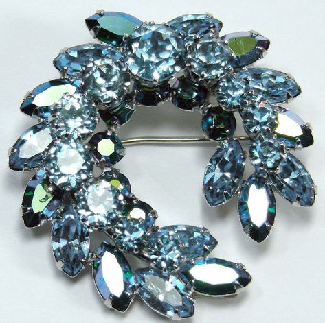 1960s Sherman Rhinestone Brooch Crescent Laurel Light Blue Rhinestone Costumes, Vintage Rhinestone Jewelry, Antique Brooches, Antique Vintage Jewelry, Rhinestone Jewelry, Vintage Jewels, Rhinestone Brooches, Vintage Brooch, Blue Rhinestones