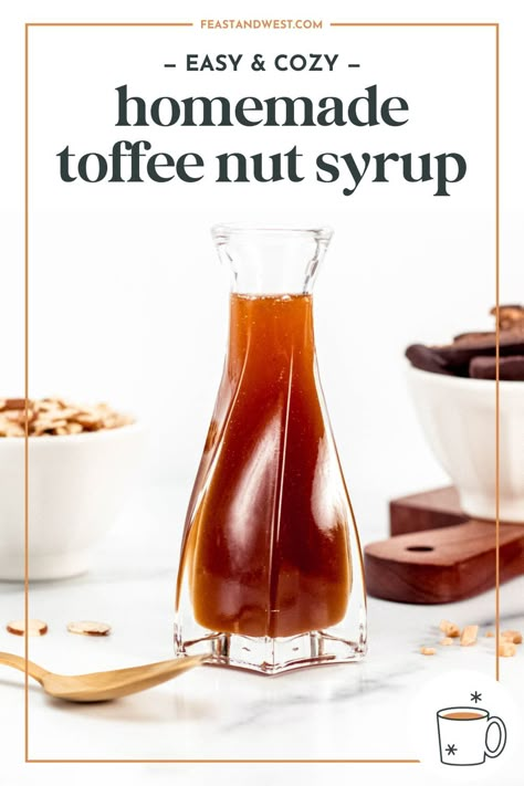 Toffee nut syrup is sweet, nutty and oh-so-dreamy. Make it fresh and use in all your favorite coffee drinks. Toffee Simple Syrup, Summer Coffee Syrups, Toffee Nut Starbucks Iced Coffee, Toffee Syrup Recipe, Toffee Nut Syrup Recipe, Starbucks Toffee Nut Syrup, Diy Toffee, Homemade Syrups, Toffee Nut Latte