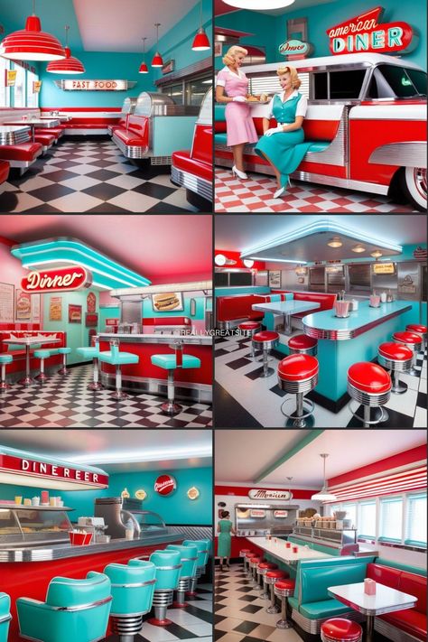 vintage style American diner images fast food at its most stylish lovely colourful images including waitress' in suitable attire images made for you with love and care 80s Fast Food Restaurant, Retro American Diner, Retro Fast Food Restaurant, American Style Restaurant, Retro Restaurant Exterior, Diner Asthetic Picture, American Diners, Old School Diner, 1960s Diner