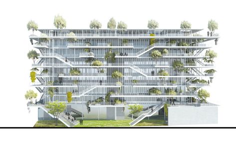 Image 5 of 22 from gallery of NL*A Reveals Plans for Open-Concept Green Office Building in France. Courtesy of Nicolas Laisné Associés Green Office Building, Green Architecture Concept, Architecture Elevation, Residential Building Design, Architectural Rendering, Green Office, Beach House Plans, Green Architecture, Chinese Architecture