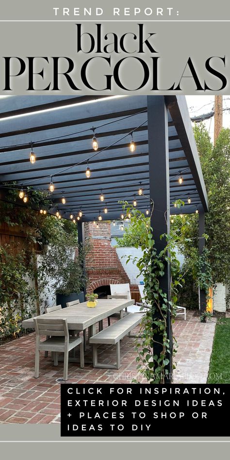 Make a bold design decision with a black pergola. The best exterior design inspiration to add cozy and moody tones to your deck or patio. Black Painted Pergola Ideas, Black Pergola On Deck, Modern Deck Pergola, Black Wooden Pergola, Dark Pergola Ideas, Back Pergola Ideas, Black Painted Pergola, Black Stained Pergola, Rustic Pergola Attached To House