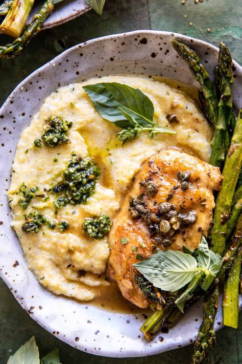 Lemon Butter Chicken Piccata with Pesto Polenta | halfbakedharvest.com Half Baked Harvest Recipes Healthy, Light Winter Dinner Recipes, Pesto Dinner Recipes, Half Baked Harvest Chicken, Pesto Polenta, Postpartum Meal, Half Baked Harvest Recipes, Fancy Dinners, Lemon Butter Chicken