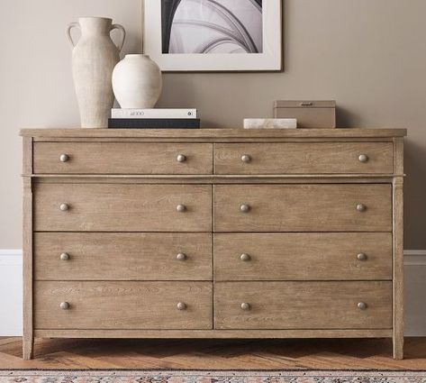 Beds & Headboards Dressers & Armoires Nightstands Wood Swatches Toulouse | Pottery Barn Dresser Pottery Barn, Meranti Wood, Extra Wide Dresser, 8 Drawer Dresser, Wide Dresser, Dovetail Joinery, Bedroom Dressers, Kiln Dried Wood, Small Drawers