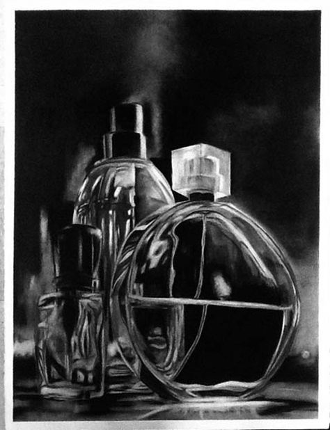 Drawing Perfume, Bottle Drawings, Motif Drawing, Bottle Drawing, Drawing Charcoal, Eye Drawing Tutorials, Black Paper Drawing, Fragrance Bottle, Painting Inspo