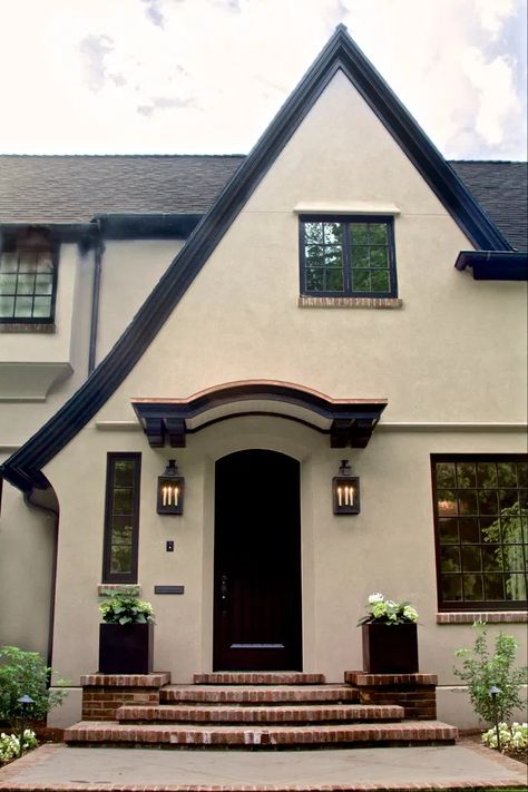 Tudor Revival Home – Cella Architecture ... Stucco House Colors, White Home Exterior, Modern Front Porches, House Paint Color Combination, Stone Exterior, Tudor Revival, Colour Architecture, Exterior House Paint Color Combinations, Stucco Homes