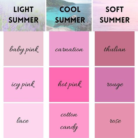 THE PERFECT pink 🩷🩷 Comment “SCG” to find the perfect pink for your season. 🌷Spring pinks are warm, light, and bright 🌞Summer pinks are cool, light, and muted 🍁Autumn pinks are warm, deep, and soft ❄️Winter pinks are cool, dark, and bright Comment “SCG” to learn more about your perfect pink. #pink #pinkpinkpink #pinkaesthetic #pinkfashion #pinkstyle #clearspring #clearwinter #brightspring #brightwinter #warmspring #truespring #warmautumn #trueautumn #lightspring #lightsummer #coolsummer #... Soft Summer Pink, Warm Summer Color Palette, Pink Color Chart, Color Analysis Summer, Summer Skin Tone, Light Spring Color Palette, Cool Summer Palette, Muted Autumn, Complexion Colors