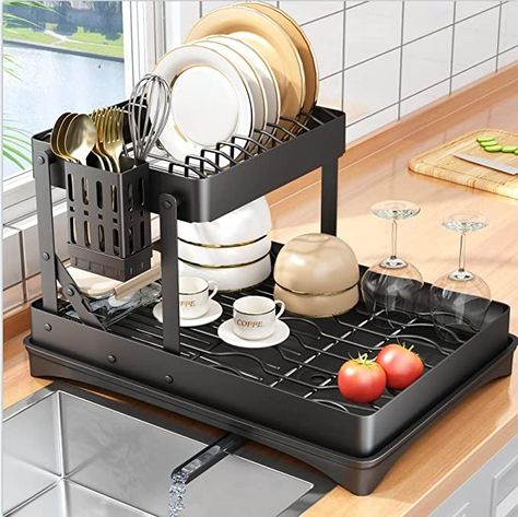 Amazon.com - PXRACK Dish Drying Rack, Collapsible 2 Tier Stainless Steel Dish Rack and Drainboard Set for Kitchen Counter, Large Rustproof Dish Drainer with Removable Water Tray, Utensil Holder, Black - Organiser Cucina, Kitchen Dish Rack, Kitchen Sink Storage, Dish Drying Rack, Cutlery Holder, Dish Drainers, Dish Rack, Sink Storage, Joseph Joseph