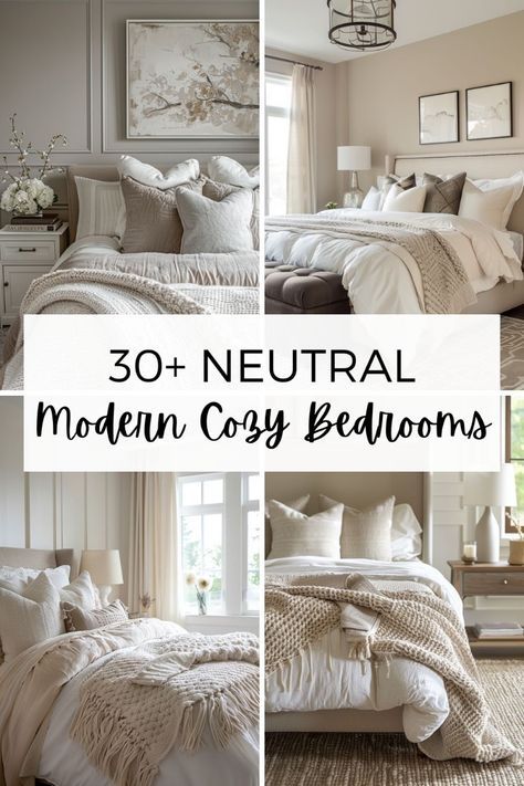 Discover over 30 stunning modern cozy bedrooms with neutral color tones. Get inspired to transform your space into a chic, serene sanctuary. Bed Pillow Design Ideas, Transitional Bedroom Ideas Inspiration, Cream Color Bedding Ideas, Bedroom Ideas With Furniture, Neutral Bed Sets Color Schemes, Bedroom Master Suite Comforter, Taupe Cream Bedroom, Anew Gray Bedrooms, Bedroom Ideas Neutral Colors Modern