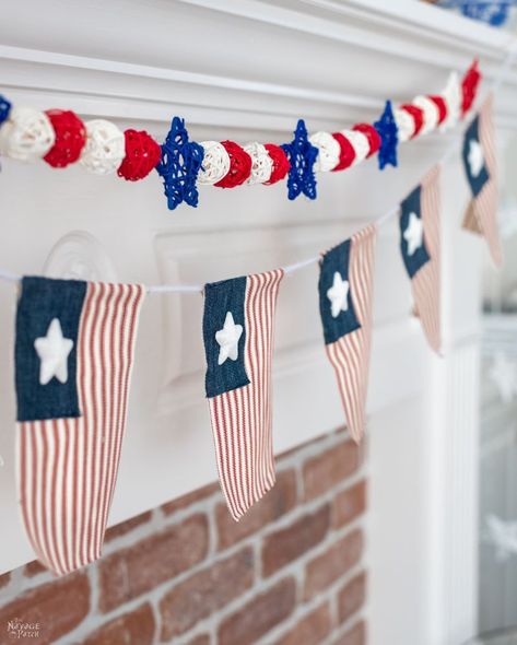 DIY Fourth of July flag Garland | Independence Day crafts | Fourth of July crafts | How to make a simple garland | How to make a flag garland for the fourth | DIY garland | DIY flag garland | Simple fourth of July decorations | 4th of July decorating ideas | Vintage flag ideas | 4th of July mantel decorations | How to decorate for the fourth | DIY American flag | Budget fourth of July decorating ideas | #TheNavagePatch | TheNavagePatch.com Diy Patriotic Decor, Diy Patriotic Wreath, Simple Garland, Patriotic Crafts Diy, The Navage Patch, Navage Patch, Flag Ideas, Diy Flag, Patriotic Flowers