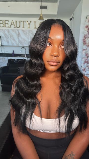 Middle Part With Beach Waves, Middle Part Sew In Beach Waves, Beach Waves Lace Wig, Beach Waves Frontal Wig, Wig Beach Waves, Beach Wave Hair Black Women, Beach Waves Weave Black Women, Beach Waves Middle Part, Beach Wave Weave Sew In