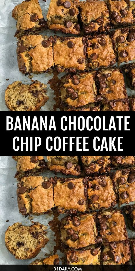 There's something special about the scent of cakes baking in the oven. This Banana Chocolate Chip Coffee Cake combines favorite comfort food ingredients into one incredibly delicious coffee cake. Banana bread -- plus chocolate chips. It's a special moment when these two come together. Easy Banana Chocolate Coffee Cake | 31Daily.com #coffeecake #bananachocolatechip #easydesserts #31Daily Banana Chocolate Chip Snack Cake, Fruit Breakfast Casserole, Coffee Cake Banana Bread, Fruit Bake, Chocolate Chip Coffee Cake, Banana Chocolate Chip Cake, Banana Coffee Cakes, 31 Daily, Breakfast Fruit