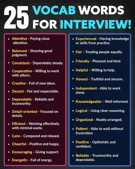 Mentr-Me Jobs on Instagram: "25 Vocab words you should use in an Interview. 💼✨  From assistance with Resume to Job search & interview!! We help you through your Next Job Hunt😎  Need more job interview tips? Follow @mentrme_jobs for more career insights and guidance.  {Resume Academic jobs Non-academic jobs Job applications Resume format CV format Email Career advice}  #jobsearchtips #jobinterview #careeradvice #jobseekers #interviewsuccess #mentrme_jobs #jobprep #careerdevelopment #jobsearchtips" Job Interview Dos And Donts, Job Interview Phrases, Why Did You Apply For This Job Answer, How To Conduct A Job Interview, Vocab Words, Interview Help, Cv Format, Job Applications, Cover Letter Tips