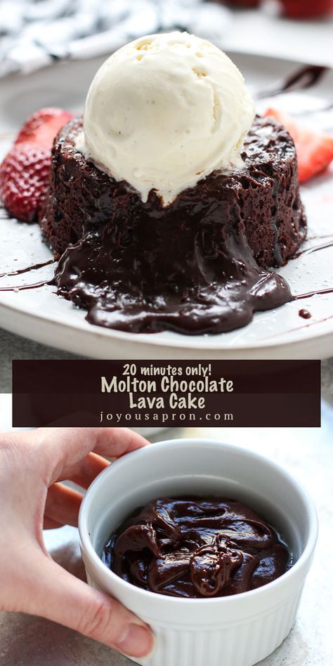 Molten Chocolate Lava Cake - decadent chocolate dessert that takes only 20 minutes! Rich, delicious and so cholaty! It's the ultimate sweet treat and for all chocolate lovers! Top with vanilla ice cream. Super easy to make! #cake #chocolate #dessert #sweets #lavacake #molten #recipe #joyousapron Single Lava Cake, Moulton Lava Cake Recipes, Lava Cake Recipe Microwave, Single Serve Lava Cake, Triple Chocolate Meltdown Recipe, Chocolate Desserts For One, Chocolate Lava Cake Easy, Lava Cake Easy, Joyous Apron