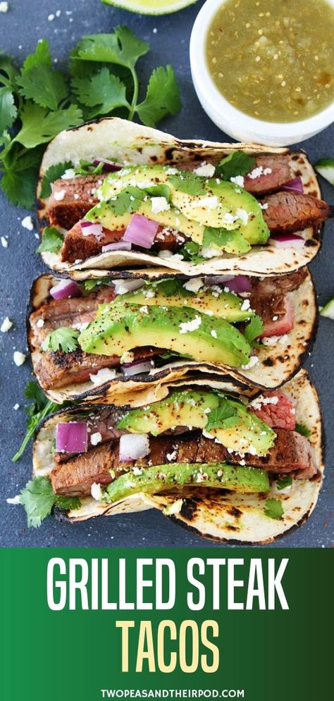 Grilled Steak Tacos, Steak Taco Recipe, Steak Taco, Flank Steak Tacos, Two Peas And Their Pod, Taco Toppings, Steak Tacos, Grilled Steak Recipes, Avocado Slices