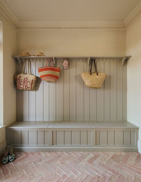 House & Home - Everything We Love About This Dreamy Farmhouse Kitchen And Boot Room Herringbone Brick Floor, Countryside Kitchen, Wall Cupboards, Devol Kitchens, Mud Rooms, Glazed Walls, Brick Flooring, Boot Room, Glazed Door